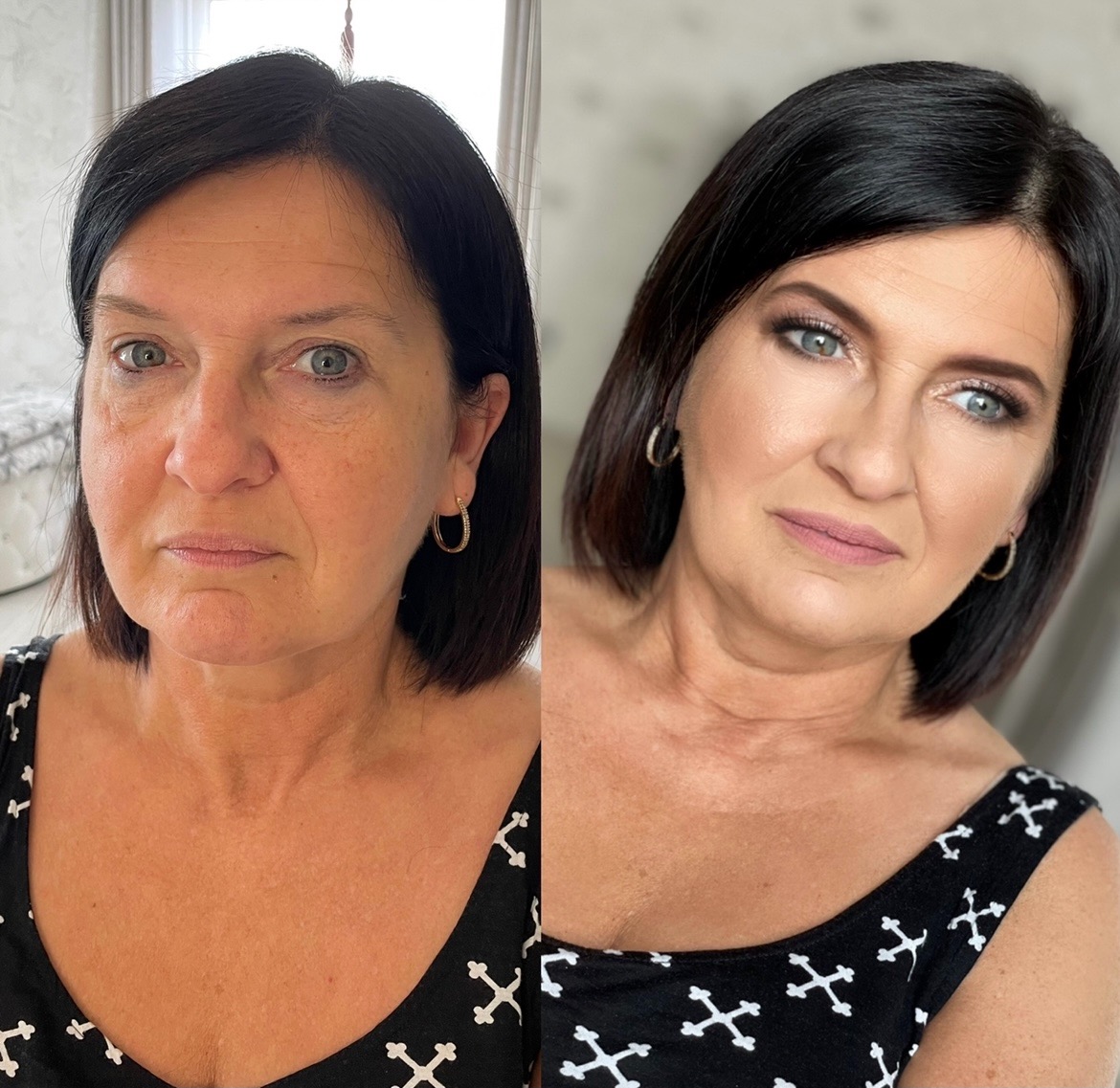Kobieta przed i po wykonaniu usługi upiększającej, widoczne różnice w makijażu oczu i ust, wyrównany koloryt skóry, ujęcie portretowe z bliska.
