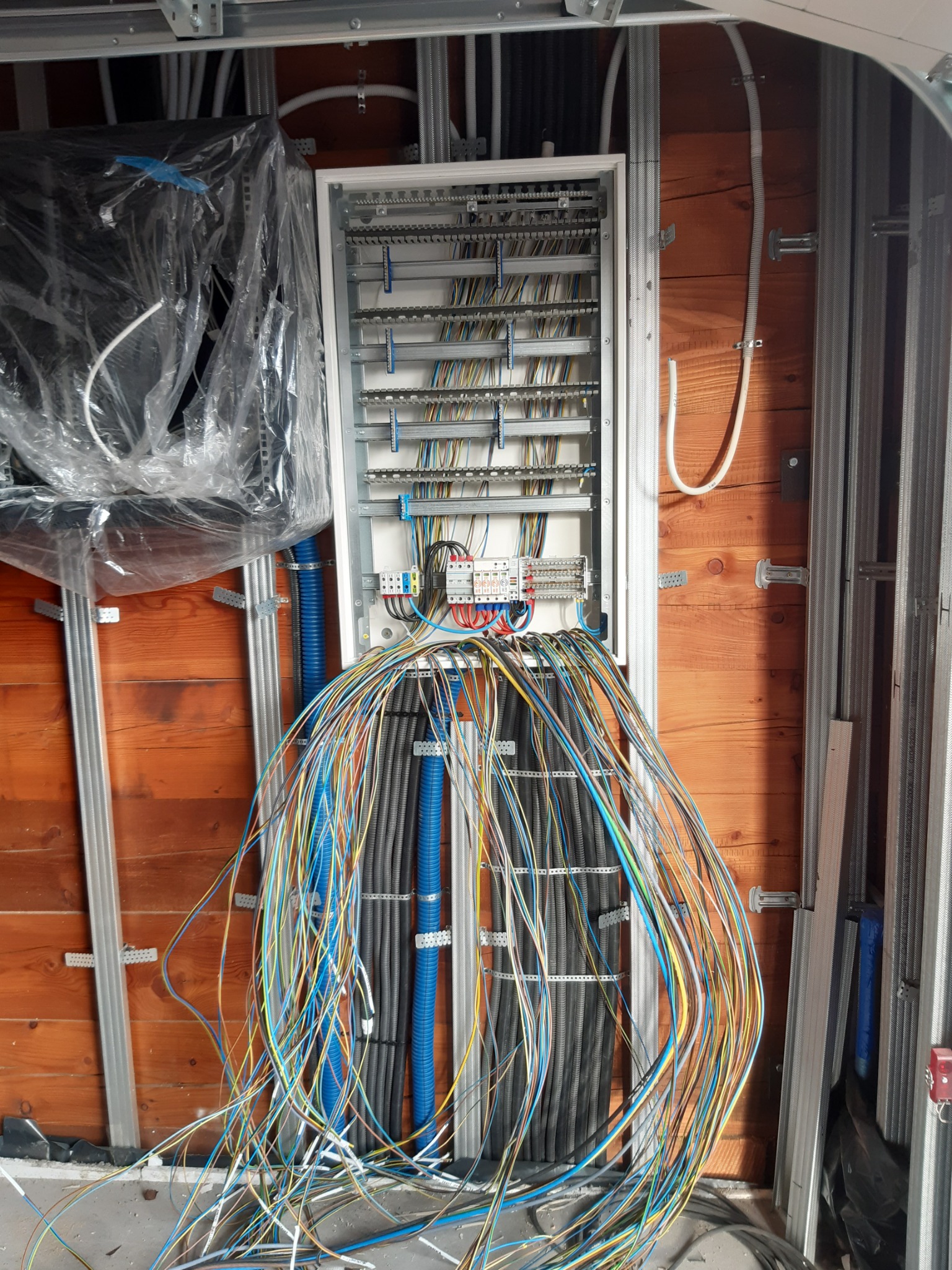 Rozdzielnica elektryczna z licznymi przewodami w kolorowych izolacjach, zamontowana na ścianie z boazerii, widoczne metalowe profile konstrukcyjne.