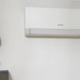 Biały klimatyzator marki Gree zamontowany na ścianie, obok dekoracyjna roślina w doniczce na szafce.