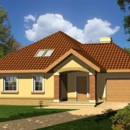Projekt domu jednorodzinnego z garażem, z dwuspadowym dachem pokrytym brązową dachówką, żółtą elewacją i wejściem z kolumnami obłożonymi cegłą klinkierową.