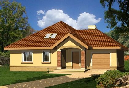 Projekt domu jednorodzinnego z garażem, z dwuspadowym dachem pokrytym brązową dachówką, żółtą elewacją i wejściem z kolumnami obłożonymi cegłą klinkierową.