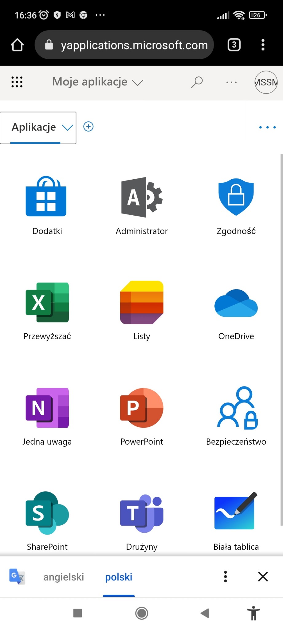 Ekran smartfona z widocznymi ikonami aplikacji Microsoft, w tym Excel, PowerPoint, OneDrive, SharePoint i Teams.