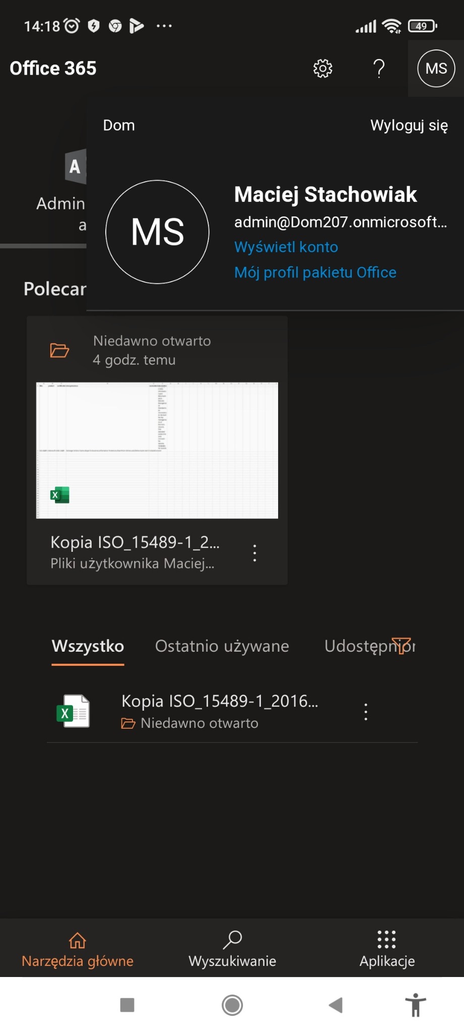 Ekran telefonu z aplikacją Office 365, widok listy plików, w tym pliku Excel o nazwie 'Kopia ISO_15489-1_2016...', z informacją 'Niedawno otwarto'.