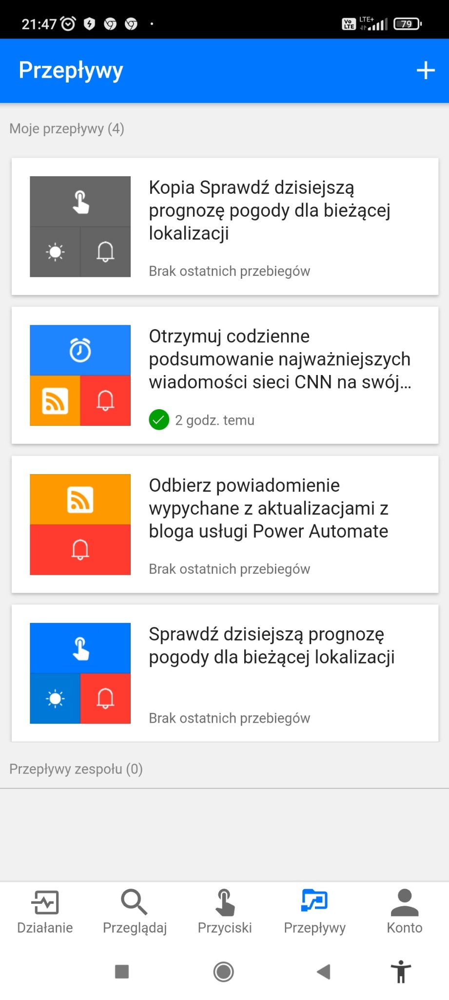 Ekran smartfona z listą przepływów w aplikacji, widoczne ikony i powiadomienia push o pogodzie i wiadomościach CNN.