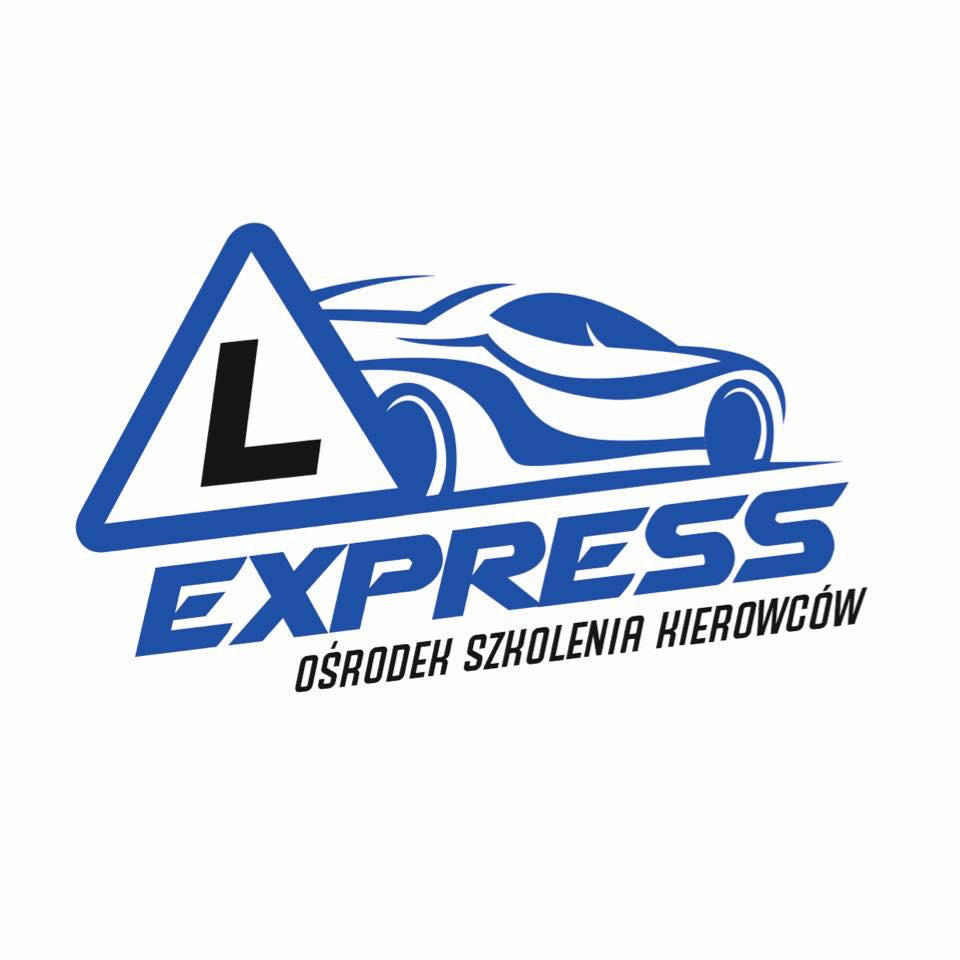 Niebieskie logo ośrodka szkolenia kierowców Express z symbolem 'L' i stylizowanym samochodem.