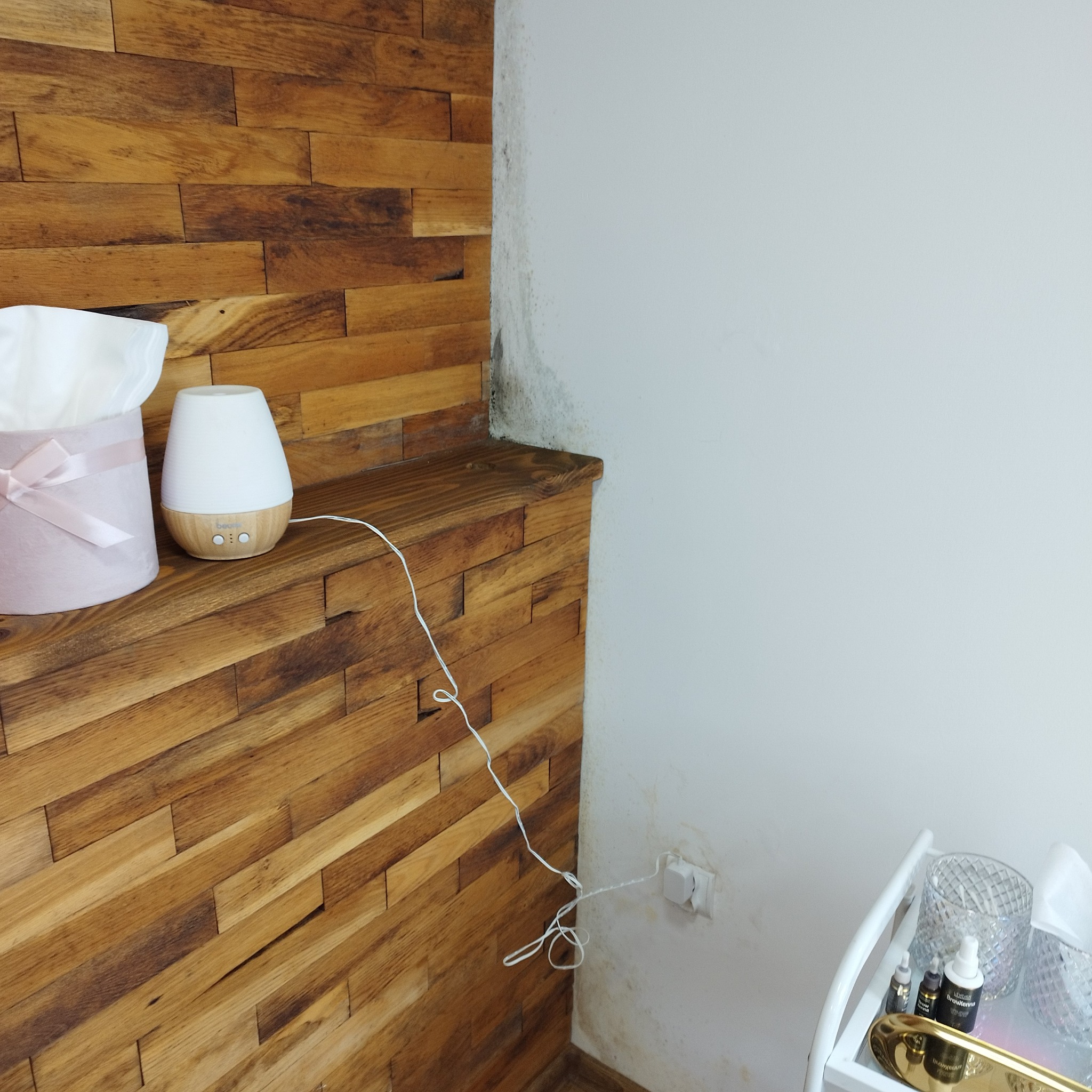 Fragment pokoju z drewnianą ścianą ułożoną z paneli, obok biała ściana z widocznym zagrzybieniem przy podłodze i narożniku, na drewnianej półce różowe pudełko z kokardą oraz nawilżacz powietrza,...