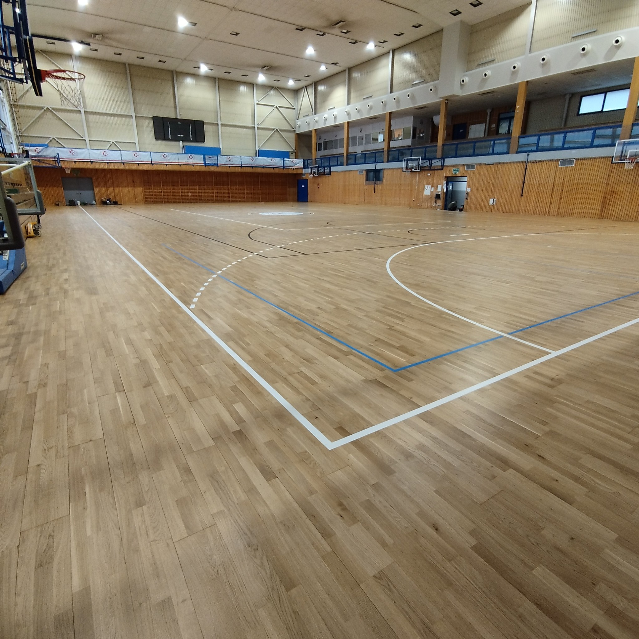 Sala gimnastyczna z parkietem i liniami boiska, widok na całą przestrzeń, parkiet w odcieniach beżu i brązu, białe i niebieskie linie wyznaczające granice boiska.