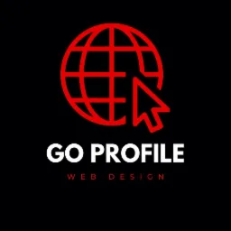 Logo firmy Go Profile Web Design: czerwona kula ziemska z kursorem myszy na czarnym tle.