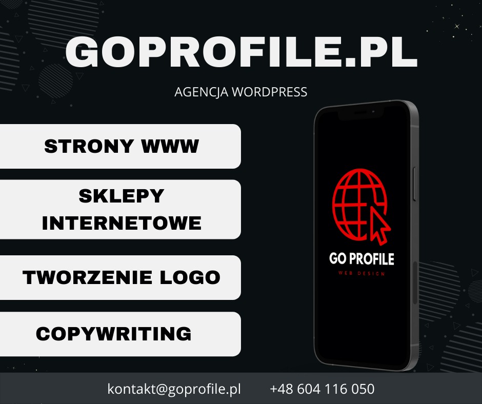 Grafika reklamowa agencji WordPress GoProfile.pl z ofertą: strony www, sklepy internetowe, tworzenie logo i copywriting. Na czarnym tle widoczny smartfon z logo firmy.