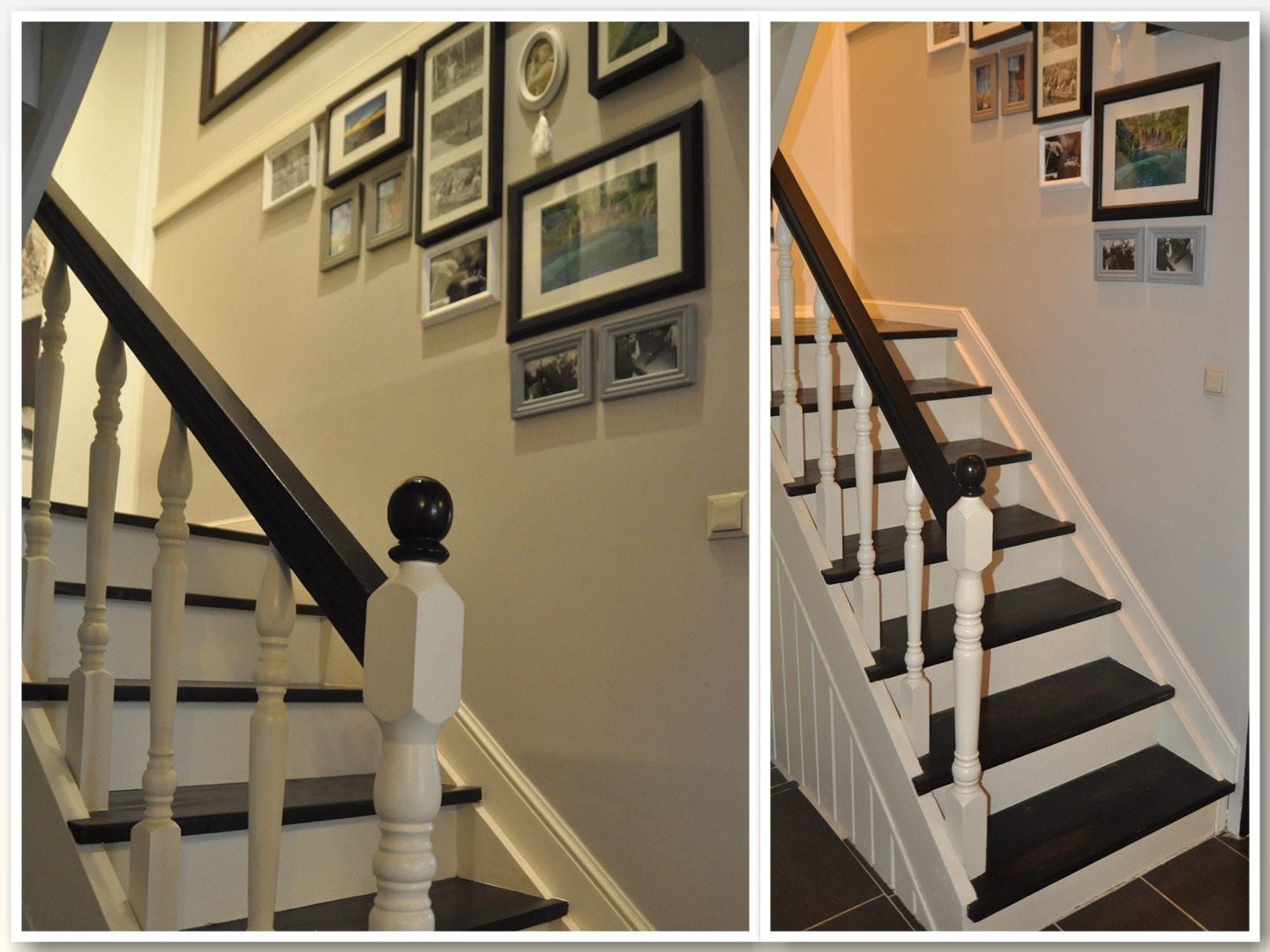Dwuczęściowe ujęcie schodów z ciemnego drewna z białymi balustradami, ozdobionych ramkami ze zdjęciami na ścianie w neutralnym kolorze.