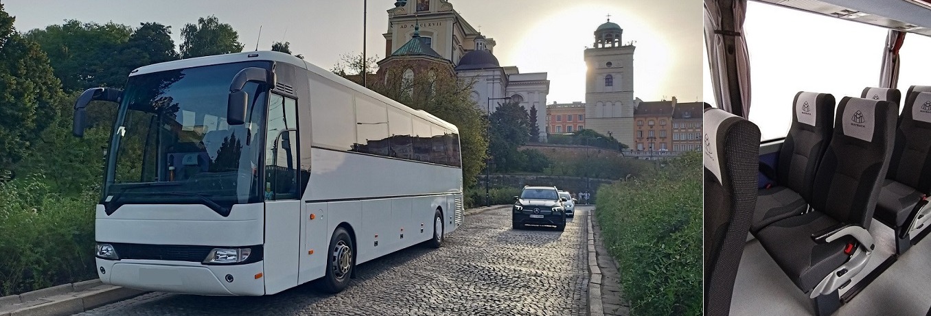 Biały autokar turystyczny na tle Starego Miasta w Warszawie, widok z zewnątrz i wnętrza z fotelami z logo firmy przewozowej.