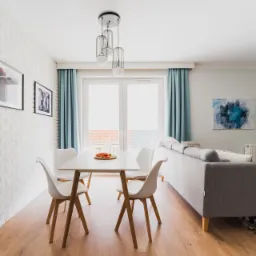 Jasne, nowoczesne wnętrze: biała ceglana ściana, stół z owocami, szara sofa z kotem chowającym się pod spodem, abstrakcyjny obraz i turkusowe zasłony.