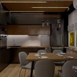 Wizualizacja nowoczesnej kuchni z jadalnią, czarne szafki kuchenne z drewnianymi akcentami, stół z szarymi krzesłami nakryty do posiłku, dekoracyjny zegar na ścianie, oświetlenie podszafkowe...