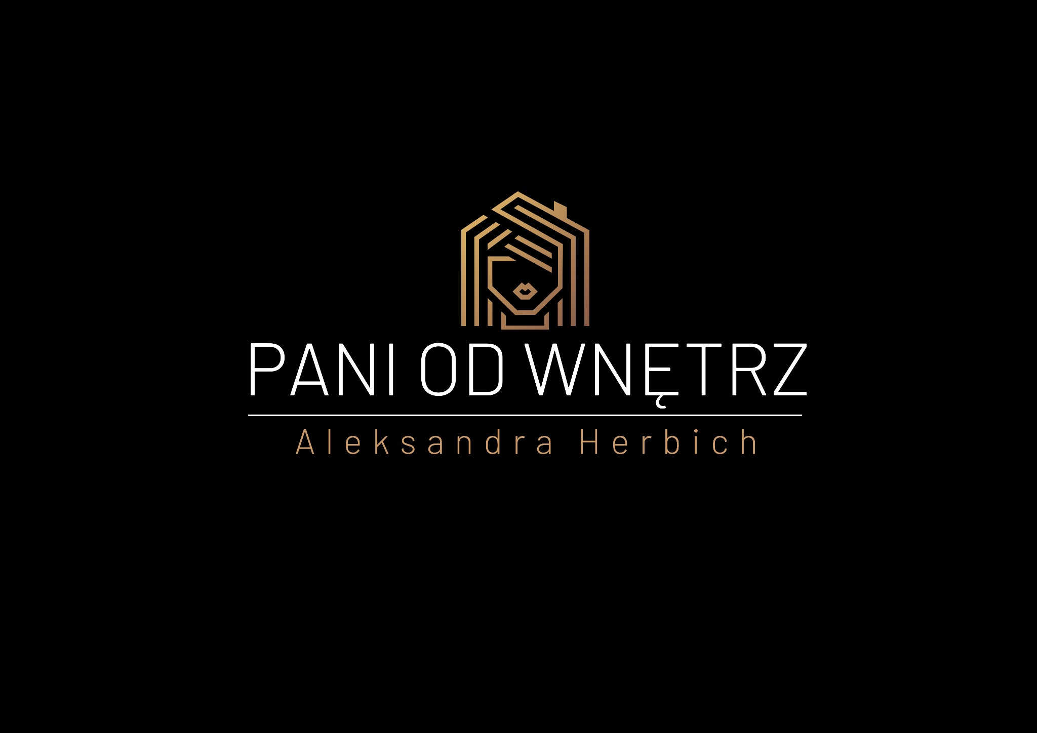Złote logo firmy wnętrzarskiej: stylizowana twarz kobiety w obrysie domu, napis 'PANI OD WNĘTRZ' oraz imię i nazwisko Aleksandra Herbich na czarnym tle.