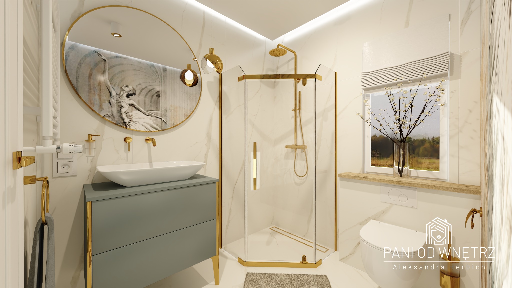 Elegancka łazienka z elementami złota: okrągłe lustro z grafiką, szara szafka pod umywalką, kabina prysznicowa z złotymi ramami, okno z roletą rzymską i wazonem z gałązkami.