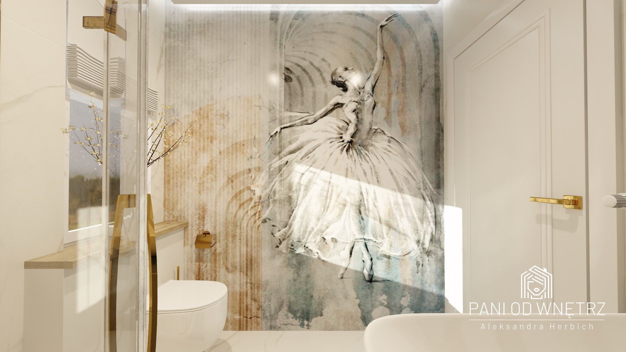 Wizualizacja łazienki z toaletą i wanną, z dekoracyjną tapetą przedstawiającą baletnicę w sepii, złote akcenty armatury i minimalistyczny wystrój.