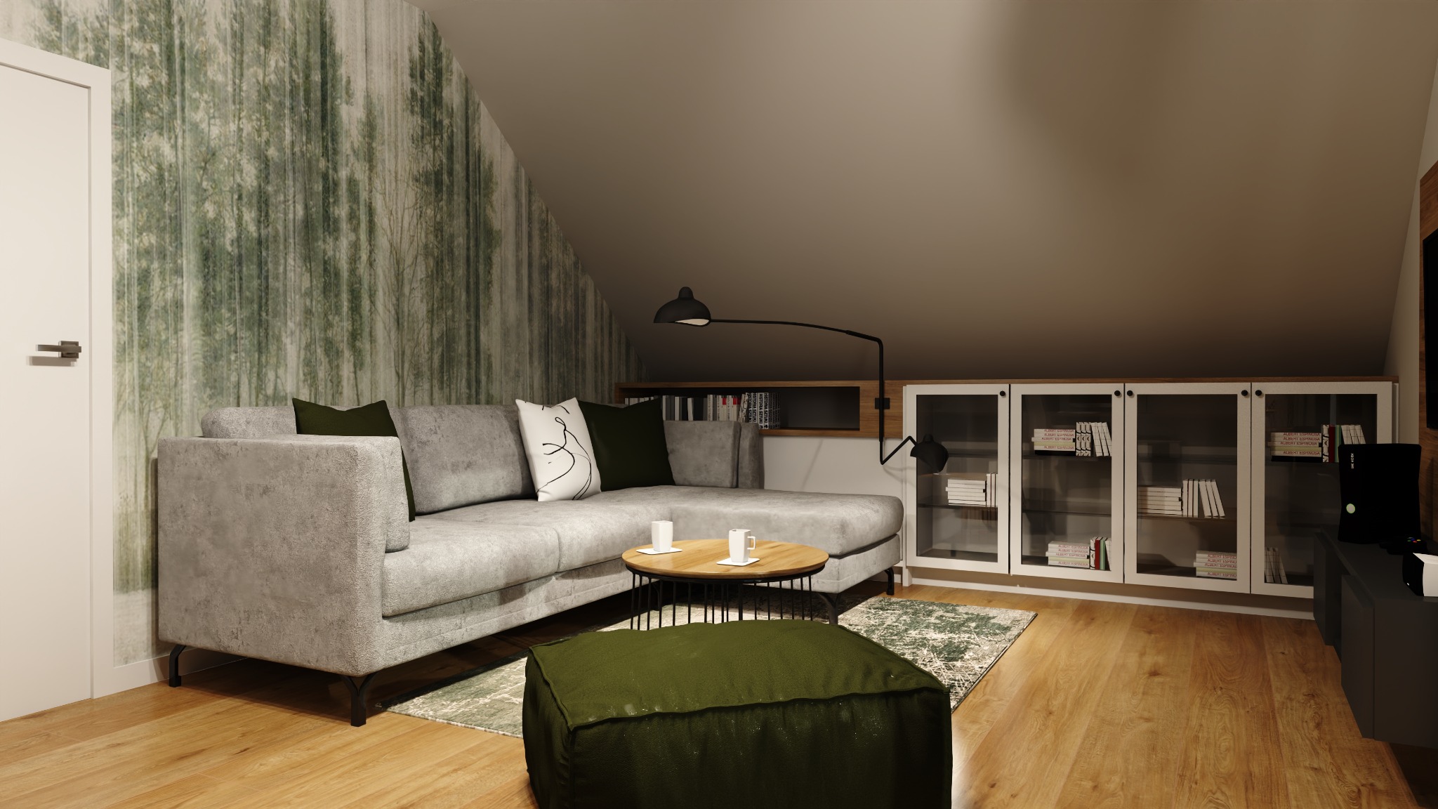 Jasnoszara sofa narożna z poduszkami w salonie na poddaszu w Kaliszu, stolik kawowy z dwoma białymi filiżankami, zielony puf i tapeta z motywem leśnym.