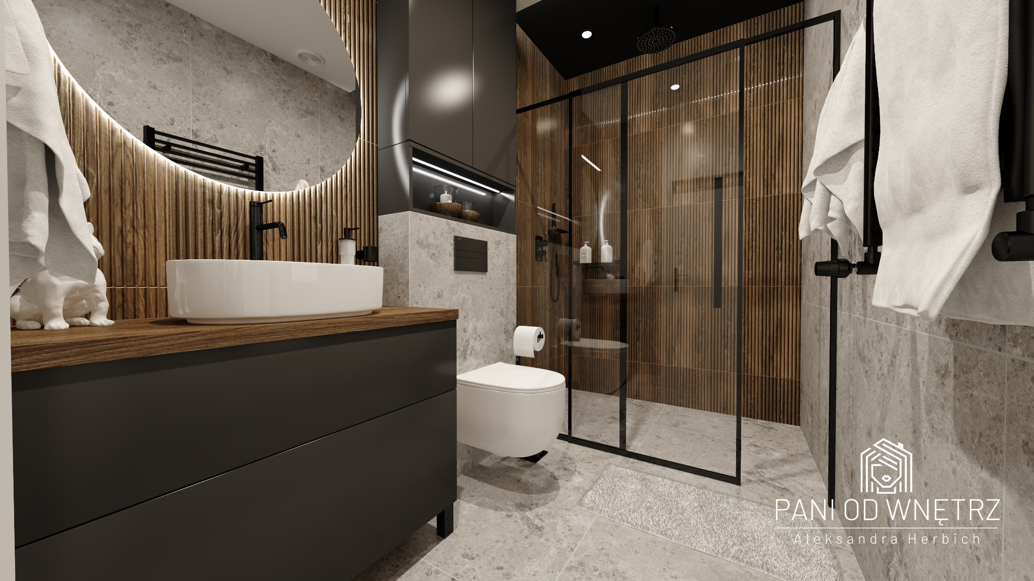 Wizualizacja łazienki z drewnianymi panelami, owalnym lustrem z podświetleniem LED, czarną armaturą i kabiną prysznicową typu walk-in z czarnymi ramami.