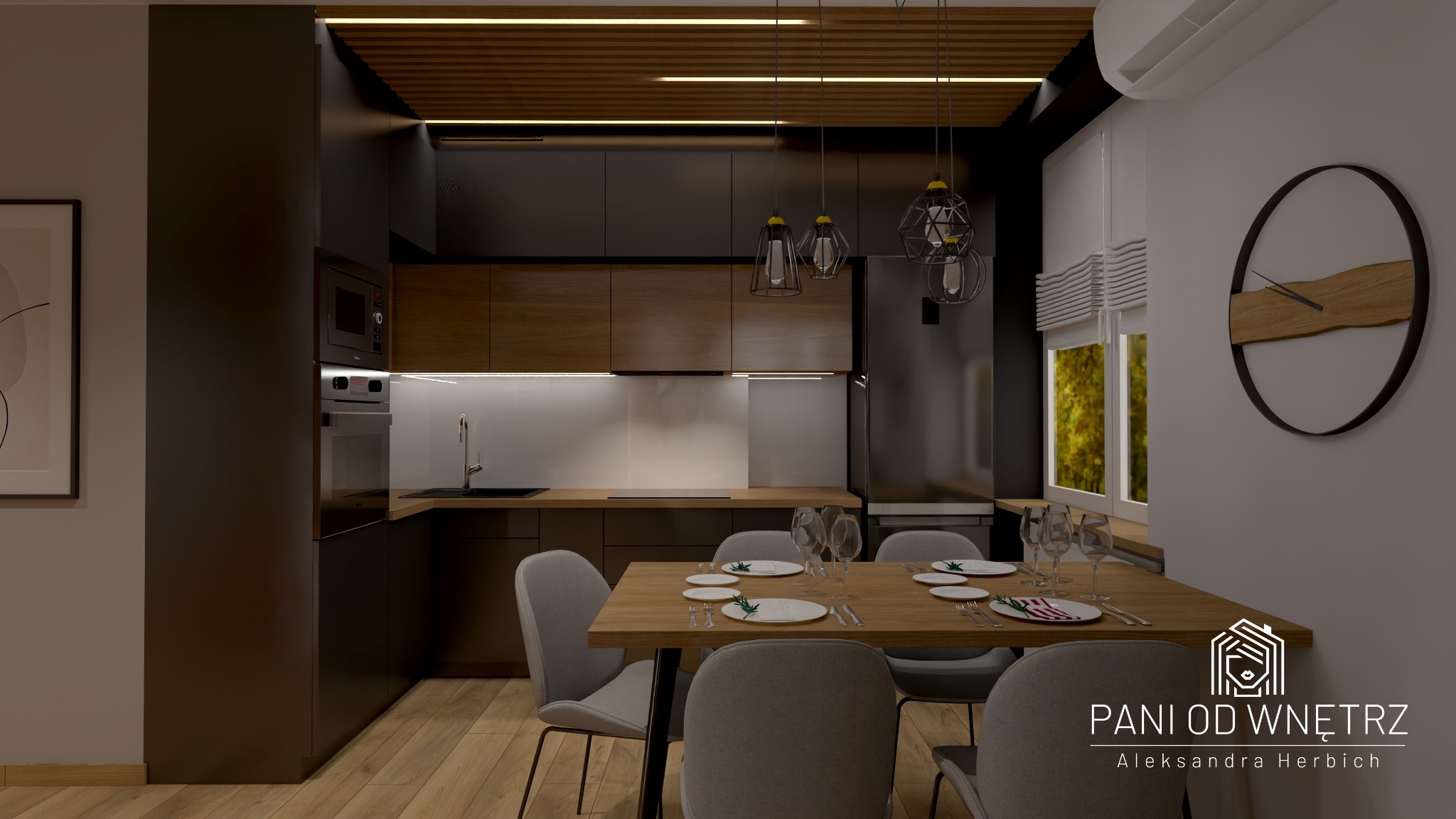 Wizualizacja nowoczesnej kuchni z jadalnią, czarne szafki kuchenne z drewnianymi akcentami, stół z szarymi krzesłami nakryty do posiłku, dekoracyjny zegar na ścianie, oświetlenie podszafkowe...