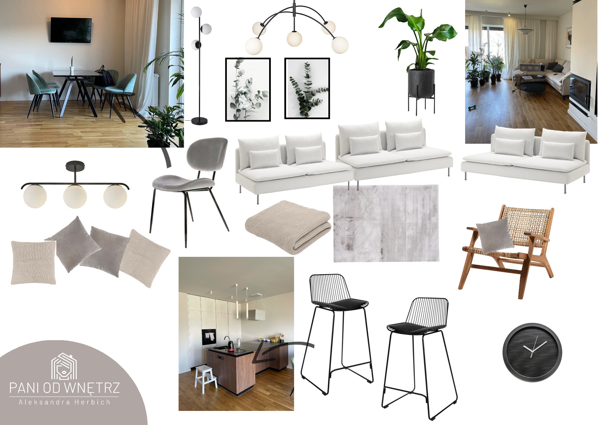 Kompozycja wizualizacji wnętrz: salon z jadalnią, kuchnia, meble, oświetlenie, dekoracje, logo firmy projektowej w lewym dolnym rogu.