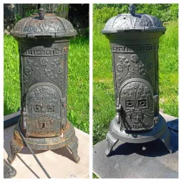 Porównanie pieca typu koza przed i po piaskowaniu oraz malowaniu proszkowym, widoczne efekty usunięcia rdzy i nałożenia nowej powłoki na tle zielonej trawy.