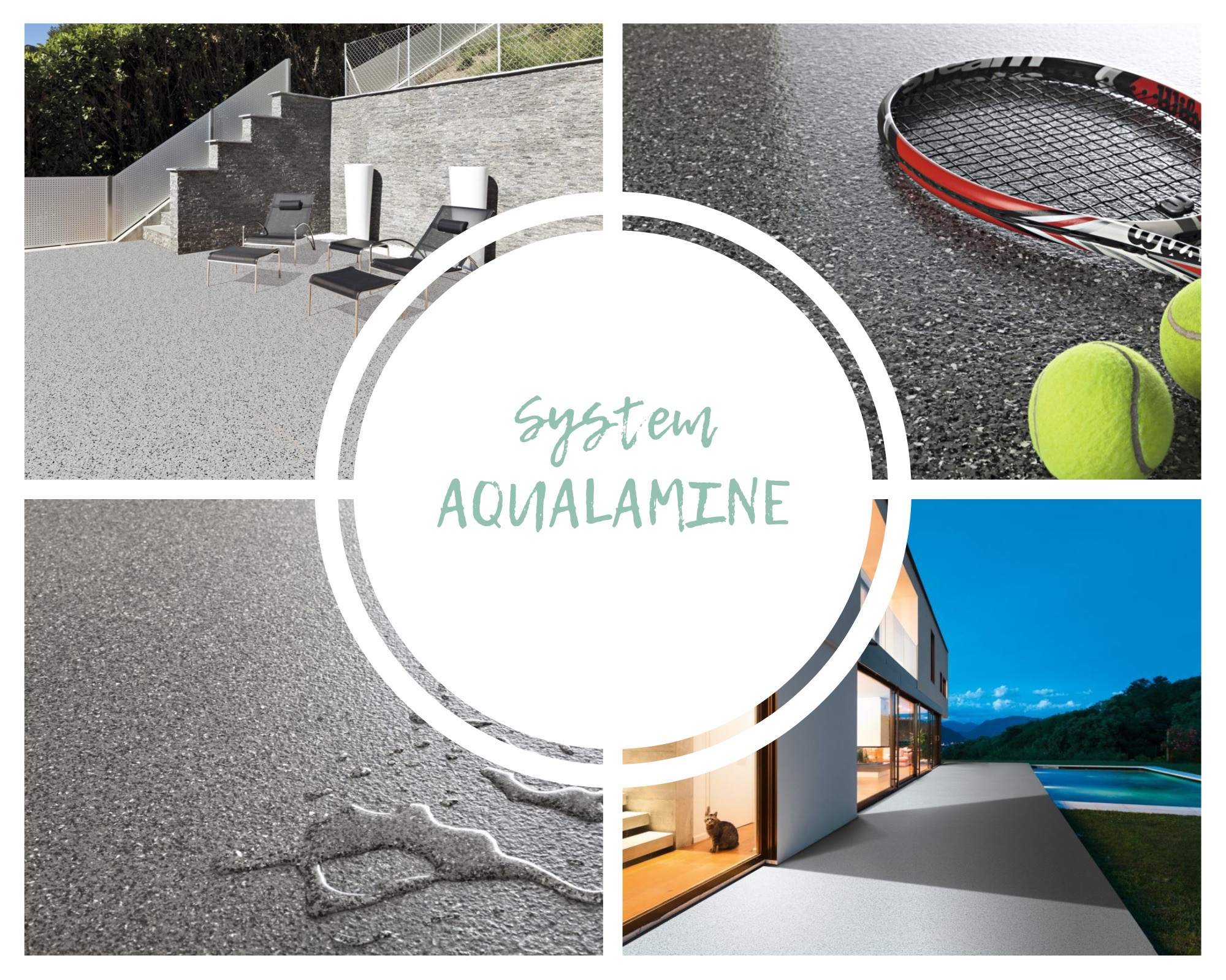 Kolaż prezentujący posadzkę żywiczną System Aqualamine: taras z leżakami, rakieta tenisowa i piłki, zbliżenie na mokrą powierzchnię oraz widok domu z basenem i posadzką.