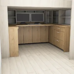 Wizualizacja zabudowy meblowej z drewnianymi frontami, tworzącej przestrzeń do pracy z dwoma monitorami, szafkami i półkami, oświetlonej jasnym światłem.