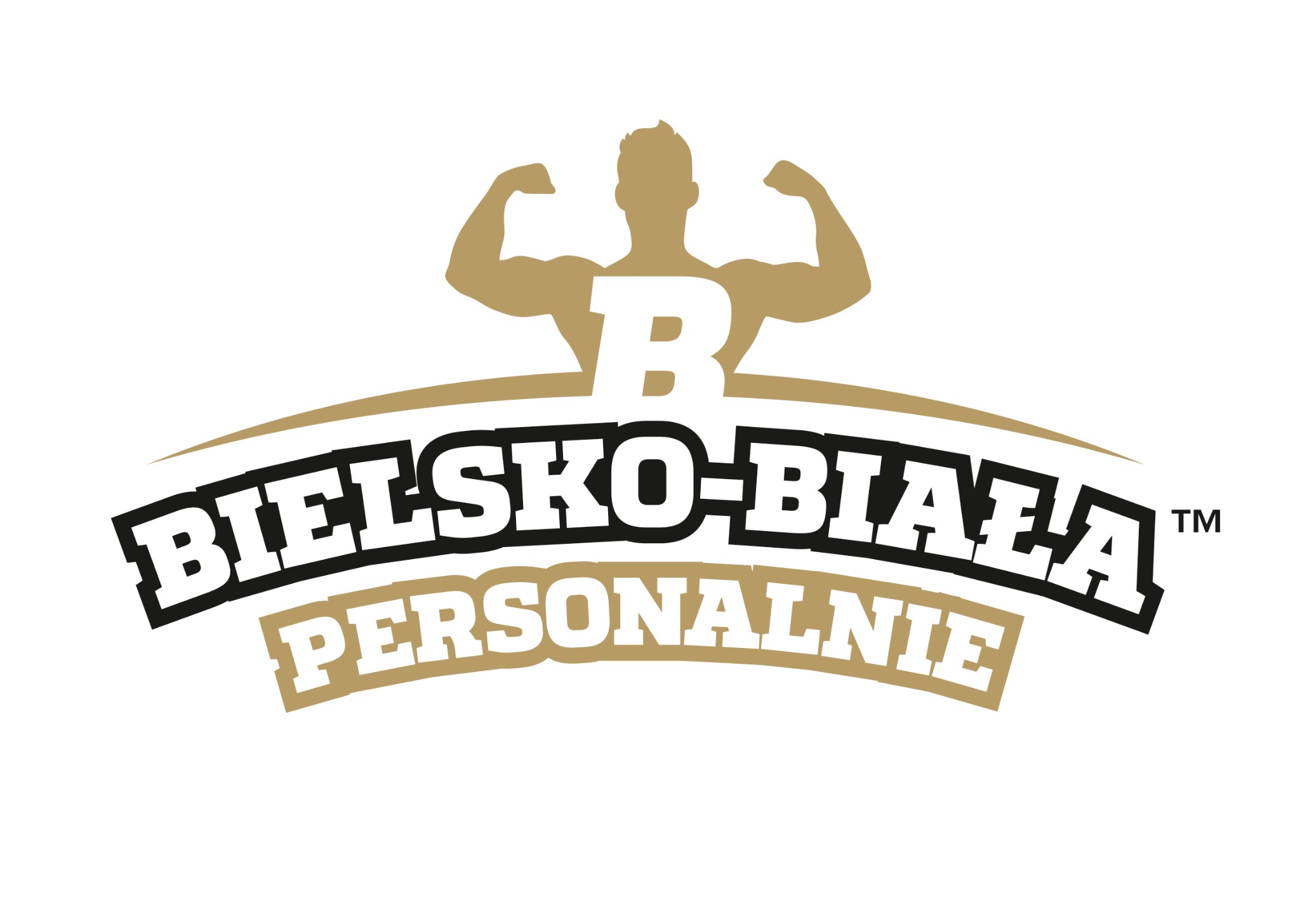 Logo firmy z Bielsko-Białej oferującej treningi personalne, sylwetka mężczyzny z napiętymi bicepsami nad napisem.