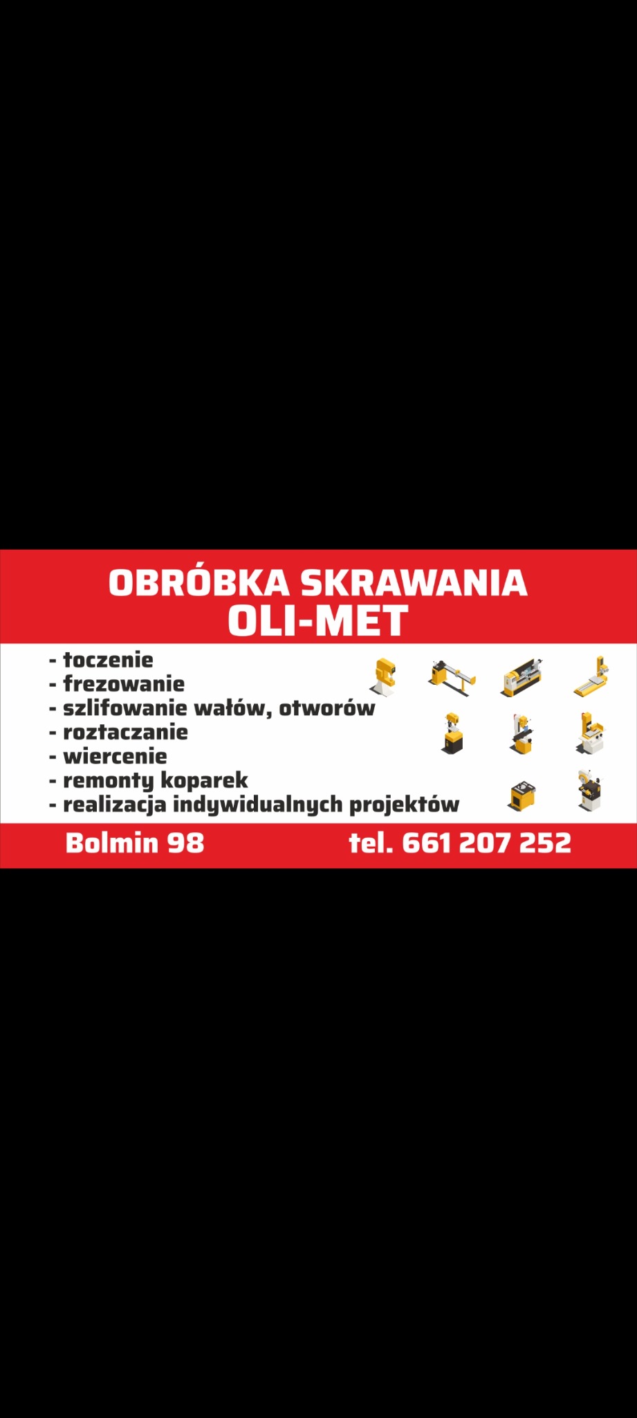 Grafika reklamowa firmy Oli-Met oferującej obróbkę skrawaniem, w tym toczenie, frezowanie, szlifowanie wałów i otworów, roztaczanie, wiercenie, remonty koparek oraz realizację indywidualnych...