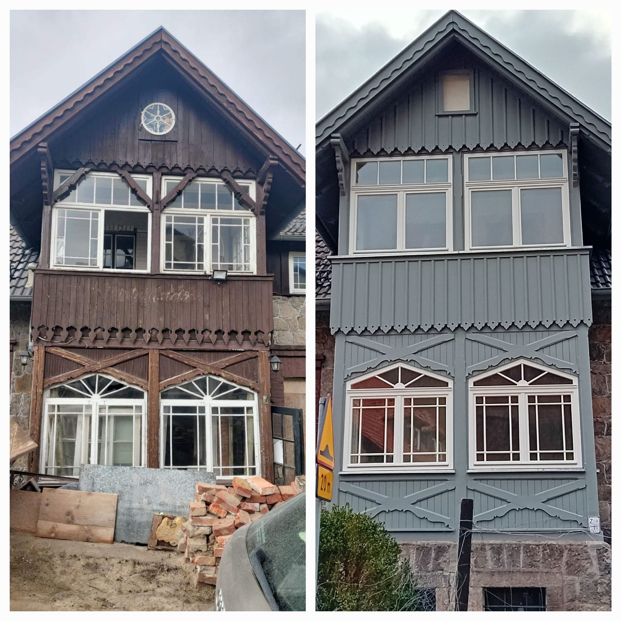 Porównanie elewacji domu przed i po renowacji: od brązowego drewna z widocznymi śladami zużycia do szarego, odnowionego wykończenia z nową farbą i odświeżonymi detalami architektonicznymi.