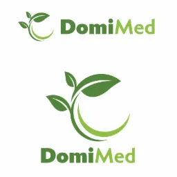 Logo DomiMed z motywem zielonych liści i półksiężyca, w dwóch wersjach: mniejsza nad większą nazwą i większa nad mniejszą nazwą, na białym tle.
