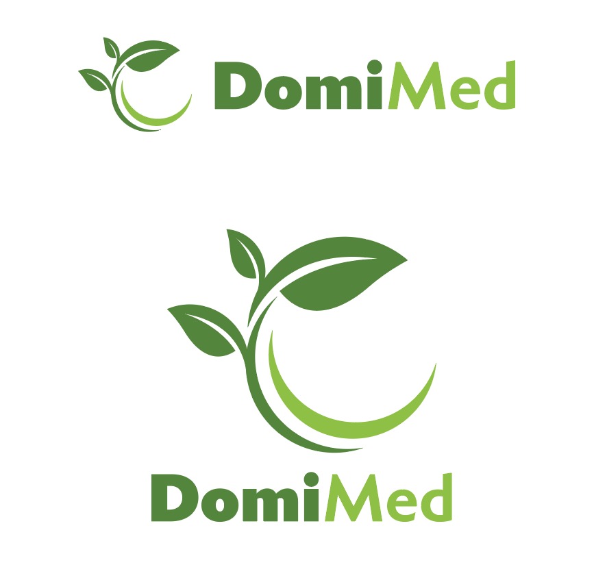 Logo DomiMed z motywem zielonych liści i półksiężyca, w dwóch wersjach: mniejsza nad większą nazwą i większa nad mniejszą nazwą, na białym tle.
