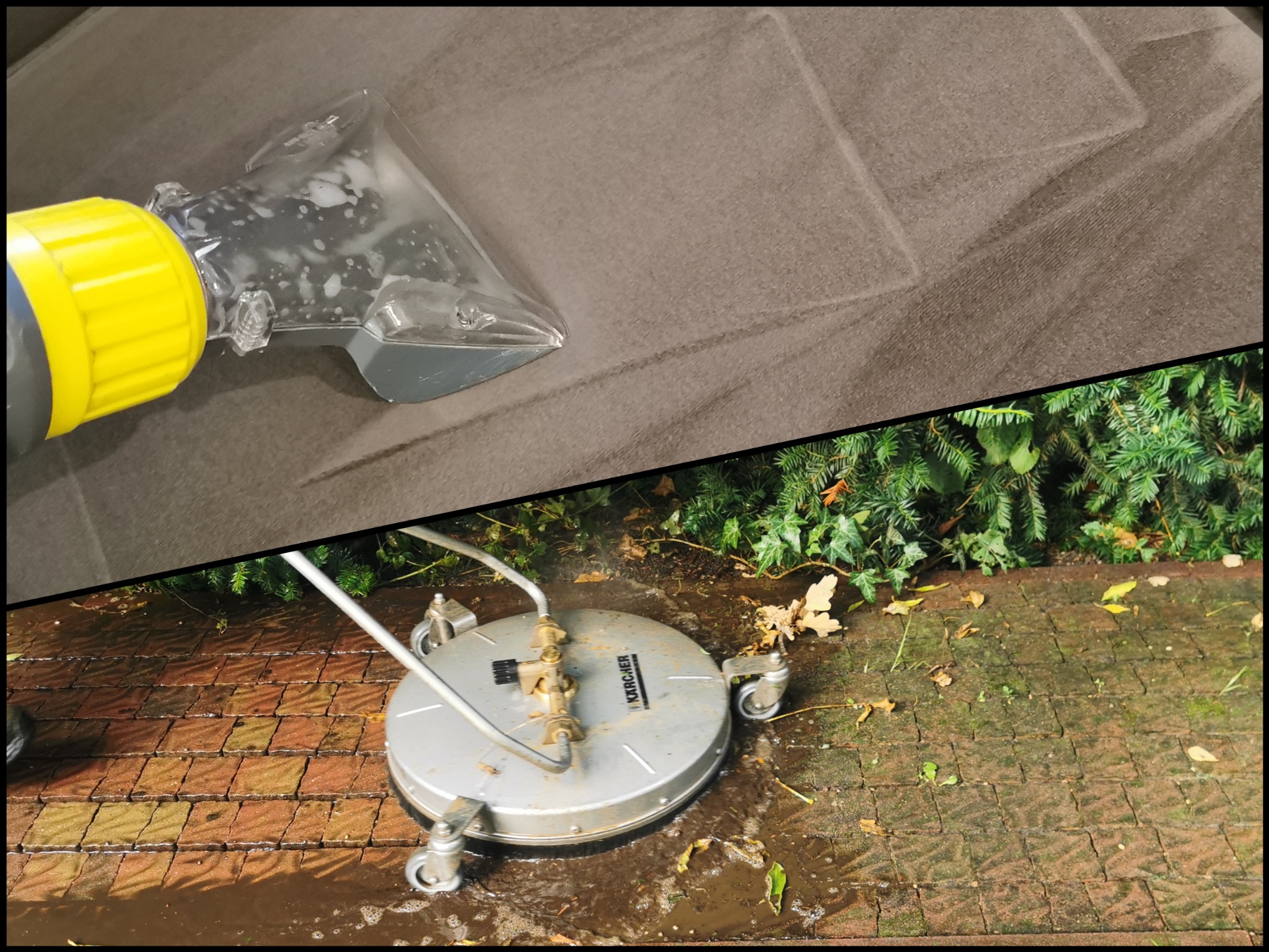 Dzielone ujęcie: górna część przedstawia dyszę odkurzacza piorącego z żółtymi elementami czyszczącą brązową tapicerkę, dolna część pokazuje czyszczenie kostki brukowej za pomocą okrągłej myjki...