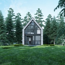 Mipikon Domy do składania Piotr Miczko - Wizualizacja domu o nowoczesnej architekturze, z dużymi przeszkleniami i drewnianą elewacją, otoczonego wysokimi sosnami i trawnikiem, z sylwetką osoby stojącej przed wejściem.