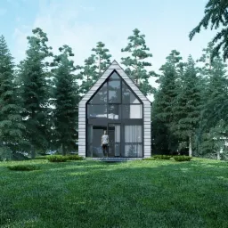 Wizualizacja domu o nowoczesnej architekturze, z dużymi przeszkleniami i drewnianą elewacją, otoczonego wysokimi sosnami i trawnikiem, z sylwetką osoby stojącej przed wejściem.