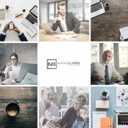 Mozaika z dziewięciu zdjęć: osoba przy biurku z kalkulatorem i smartfonem, mężczyzna pije kawę przy laptopie, gazeta na drewnianym stole obok laptopa i kawy, kobieta w okularach korzysta ze...