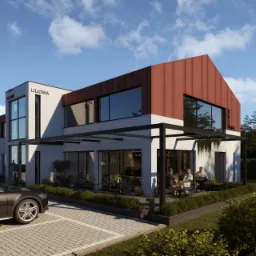 Wizualizacja budynku usługowego z czerwoną bryłą, osłoniętego pergolą tarasu z siedzącymi osobami, zaparkowanym samochodem i nazwą 'Liliowa' na elewacji.