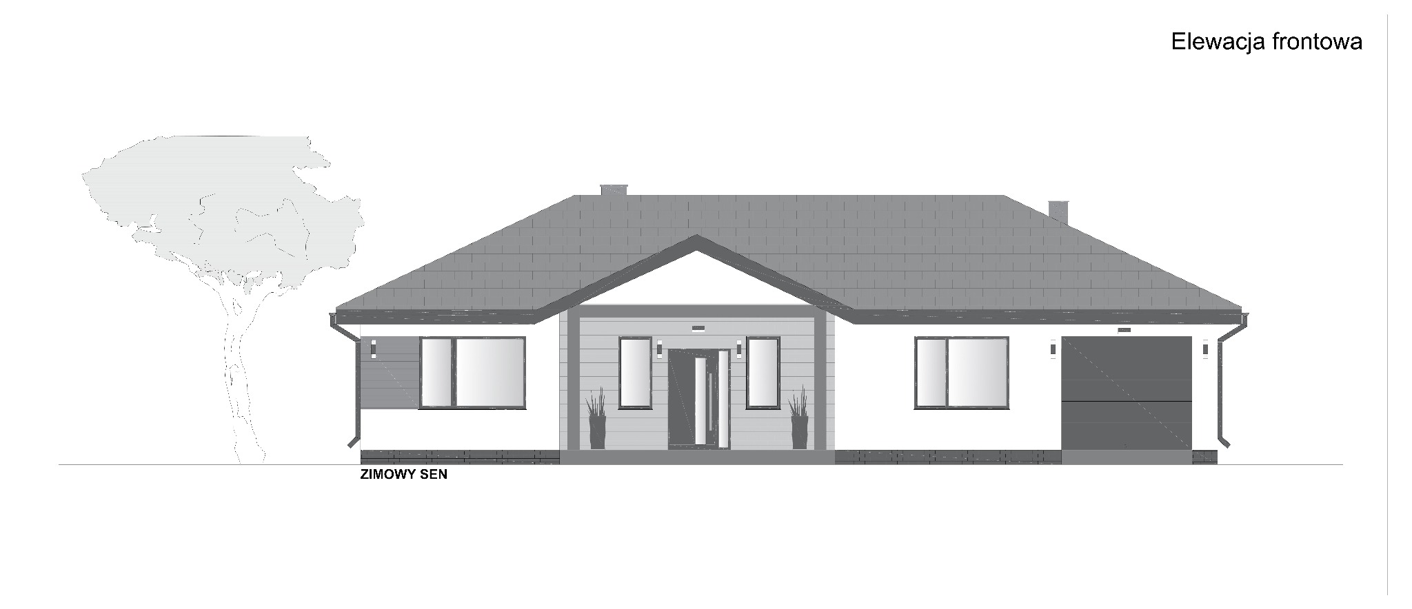 Projekt elewacji frontowej parterowego domu z garażem, wizualizacja w odcieniach szarości, z widocznym drzewem po lewej stronie.