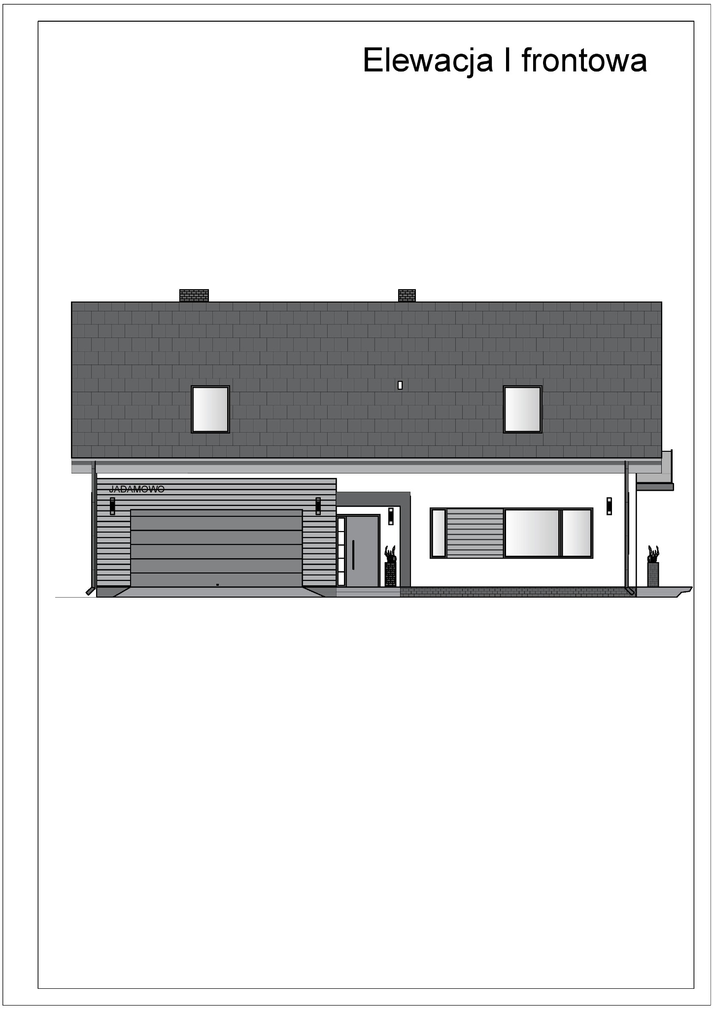 Rysunek techniczny elewacji frontowej domu jednorodzinnego z garażem, widok z przodu.