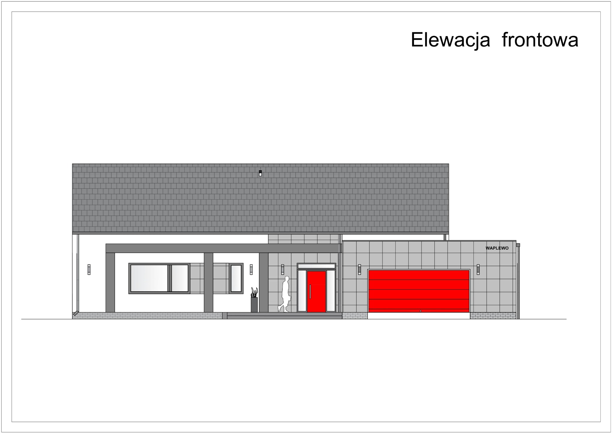 Projekt elewacji frontowej nowoczesnego domu jednorodzinnego z garażem i czerwonymi akcentami, widok z przodu.