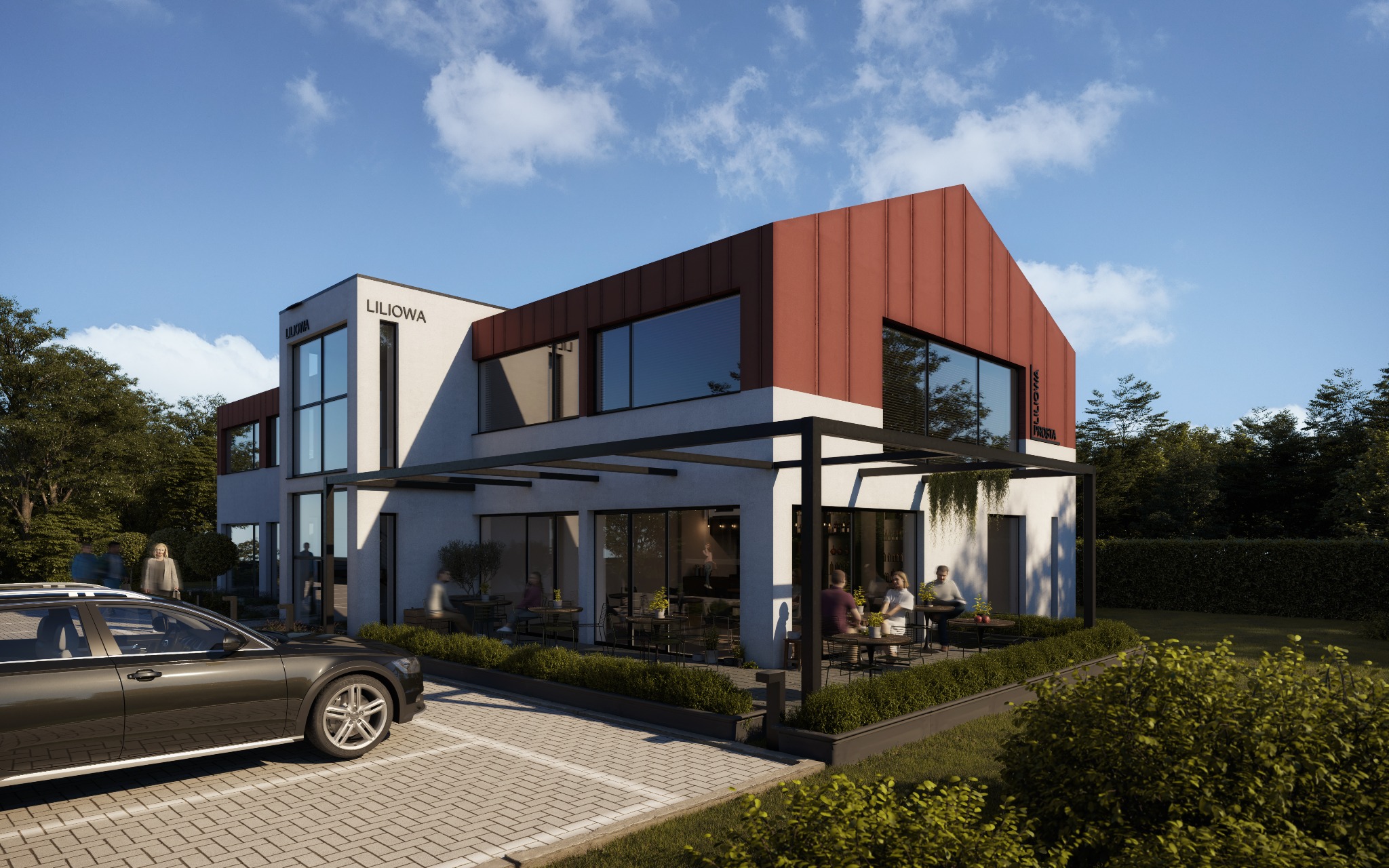 Wizualizacja budynku usługowego z czerwoną bryłą, osłoniętego pergolą tarasu z siedzącymi osobami, zaparkowanym samochodem i nazwą 'Liliowa' na elewacji.