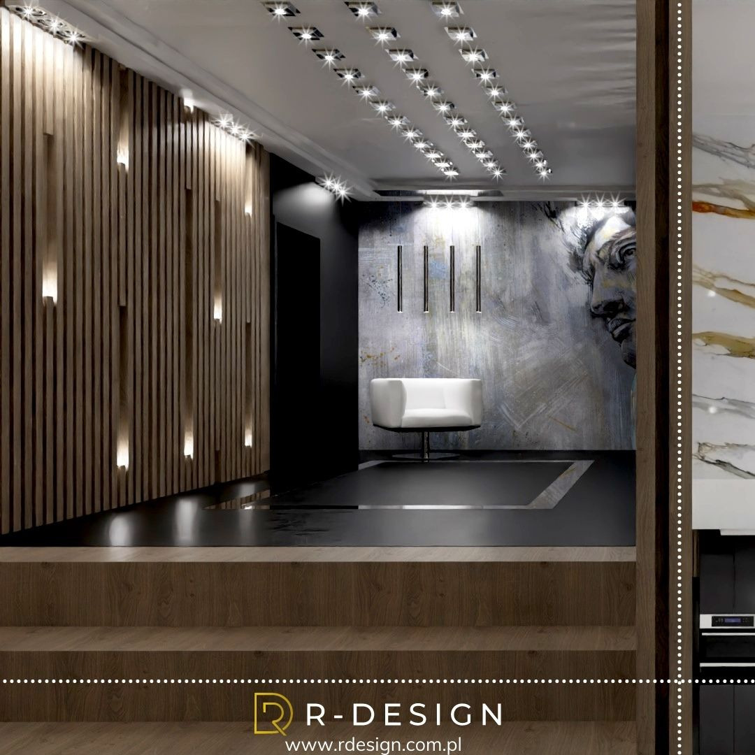 Nowoczesna aranżacja przedpokoju z drewnianą ścianą z oświetleniem punktowym, czarną posadzką, białym fotelem i dekoracyjną ścianą z motywem rzeźby.