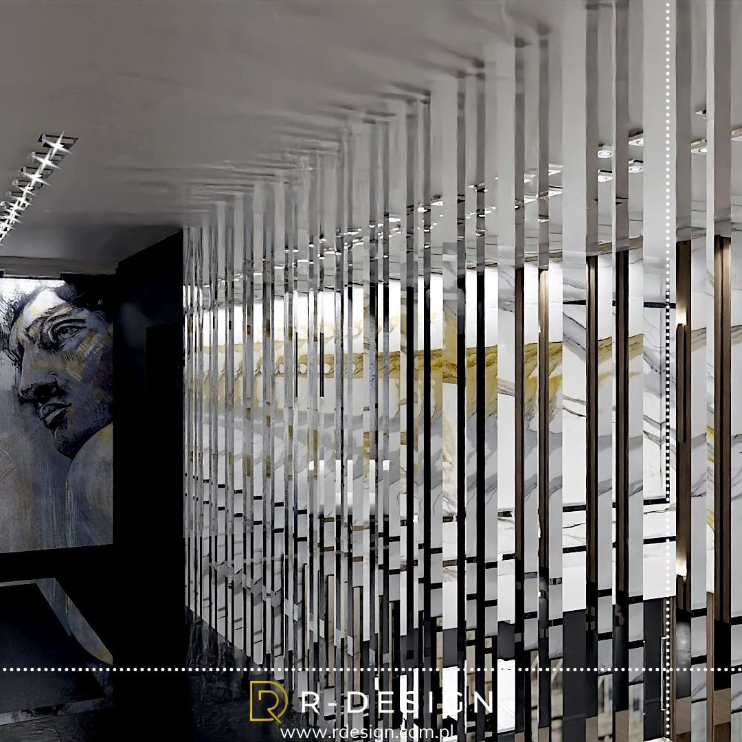 Nowoczesne wnętrze z dekoracyjną ścianką działową z pionowych listew, marmurową ścianą w tle i portretem na ścianie w kolorach szarości.