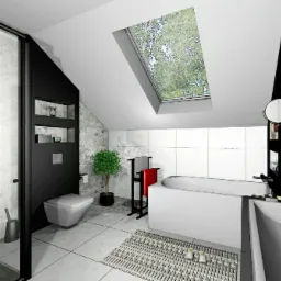 Wizualizacja nowoczesnej łazienki na poddaszu z oknem dachowym, czarnymi akcentami i marmurowymi płytkami, minimalistyczna armatura i rośliny doniczkowe.