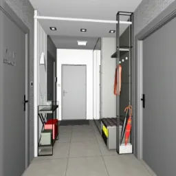 Wizualizacja przedpokoju w szarościach z minimalistyczną konsolą, okrągłym lustrem i wieszakiem na ubrania z siedziskiem.