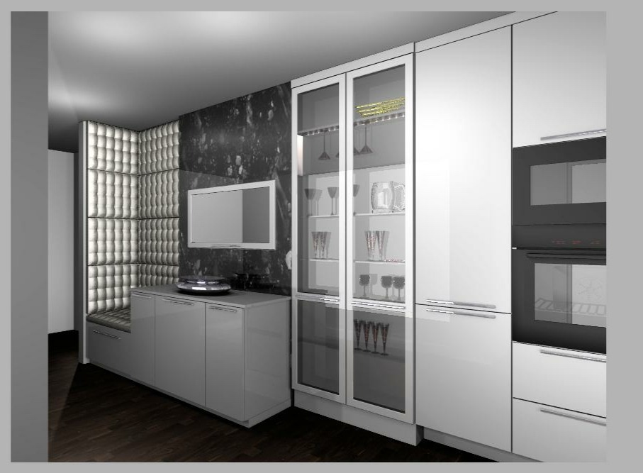 Nowoczesna kuchnia z białymi, lakierowanymi frontami, szklanymi witrynami wypełnionymi kieliszkami i zastawą, zabudowanym piekarnikiem, oraz częścią wypoczynkową z tapicerowanym siedziskiem...