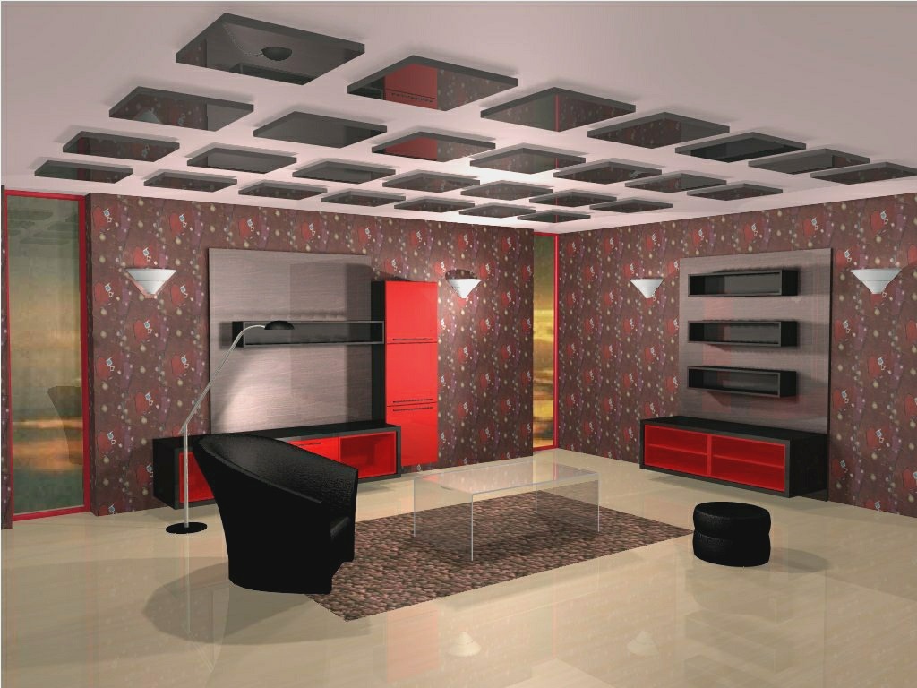 Wizualizacja salonu z podwieszanym sufitem z kwadratowymi kasetonami, wzorzystą tapetą, czarnym fotelem i przeszklonym stolikiem kawowym na brązowym dywanie.