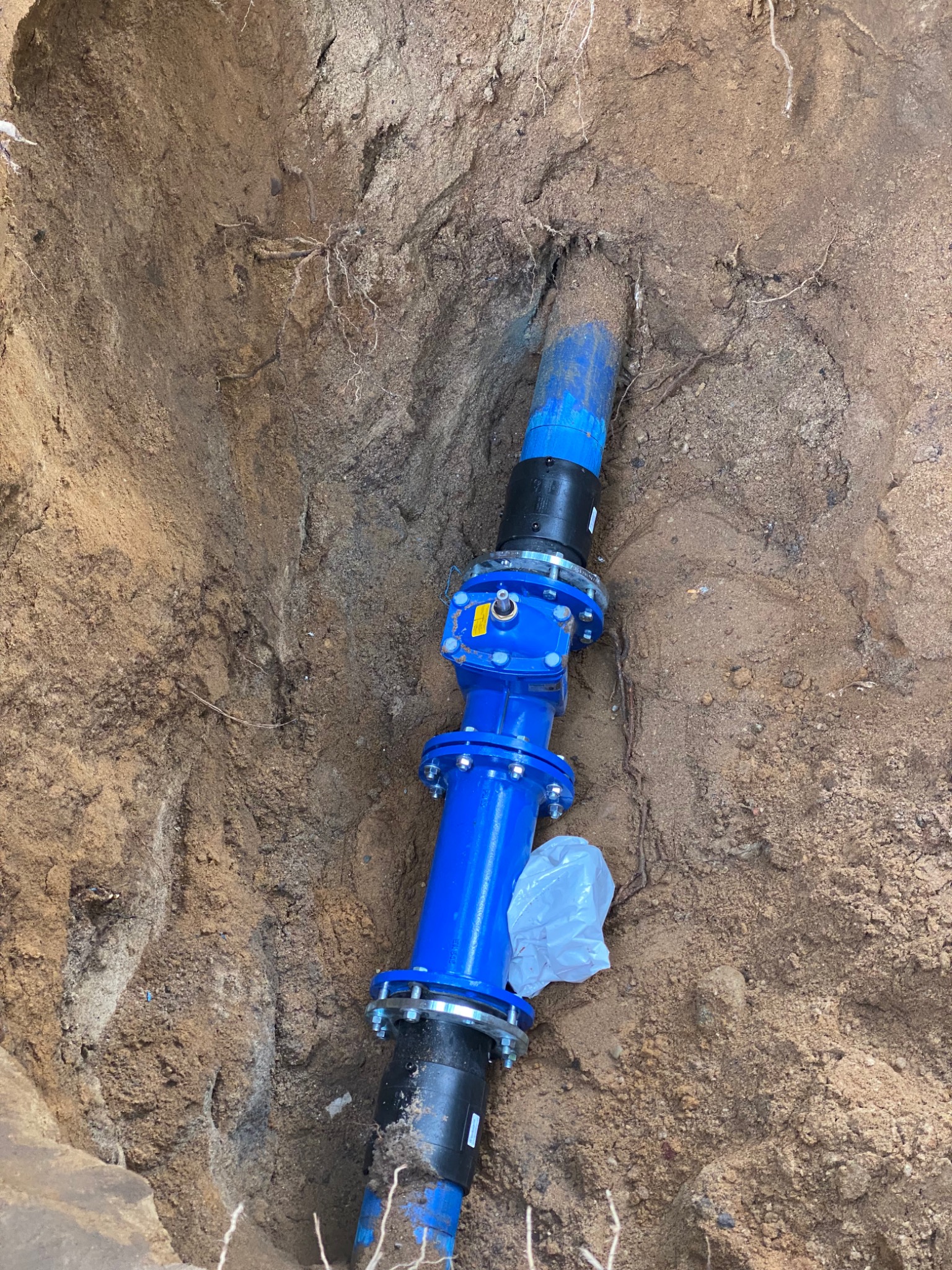 Niebieska rura wodociągowa z zaworem, zamontowana w wykopie ziemnym o nierównych ścianach, widoczne korzenie i plastikowa torba.