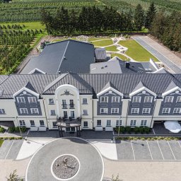 Hotel Sevilla Gold - Widok z lotu ptaka na budynek z szarym dachem, jasną elewacją i okrągłym podjazdem z rzeźbą, otoczony zielenią i sadem.