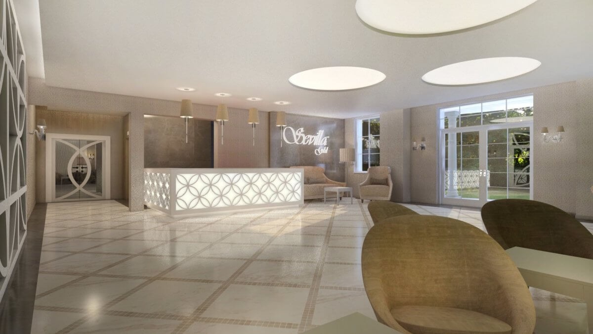 Jasne, przestronne lobby z recepcją oświetloną od dołu, dekoracyjnymi drzwiami i wygodnymi fotelami w neutralnych kolorach.